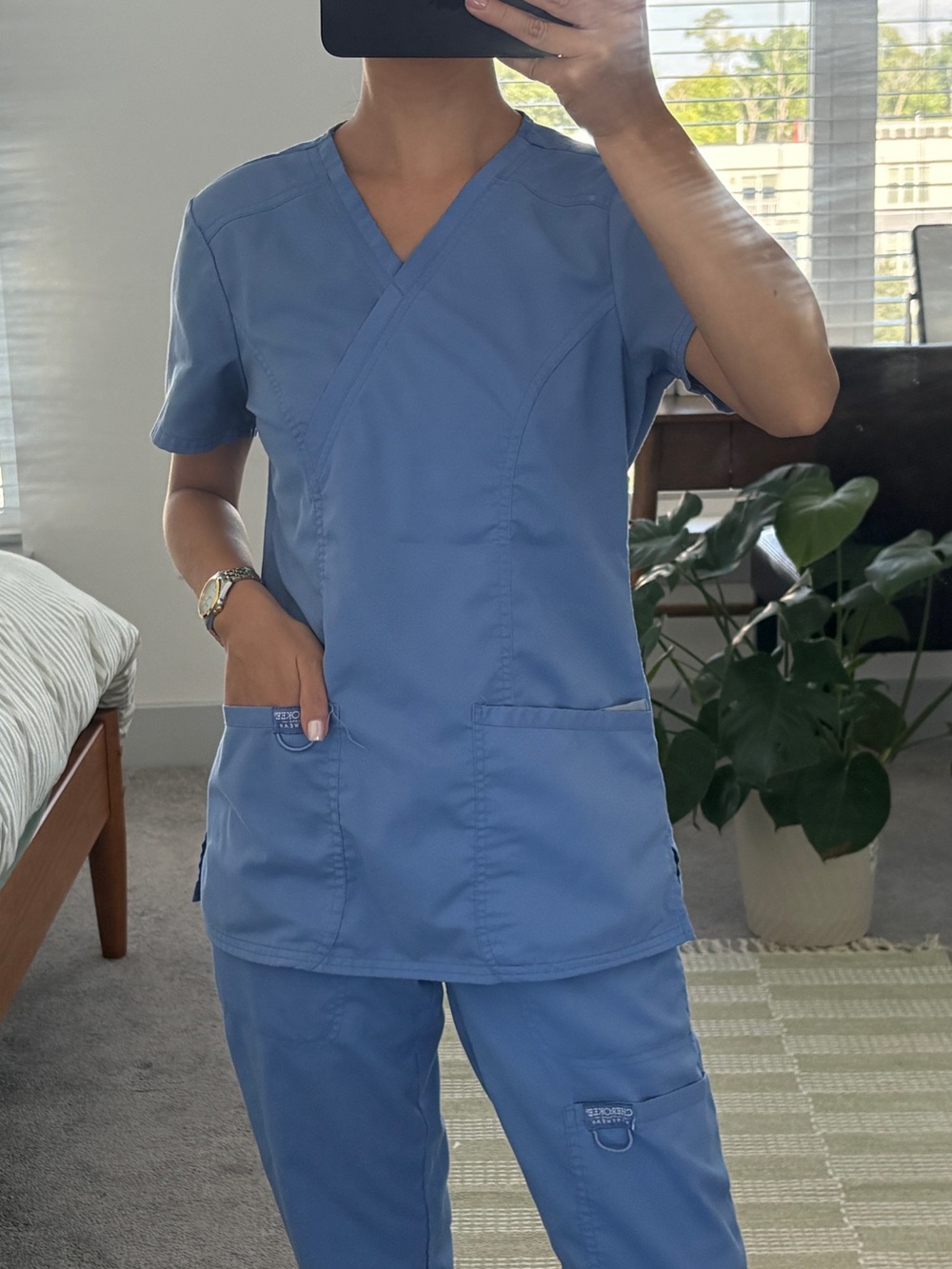 Cherokee Classic Women's Scrub Top and Pant Set - Light Blue